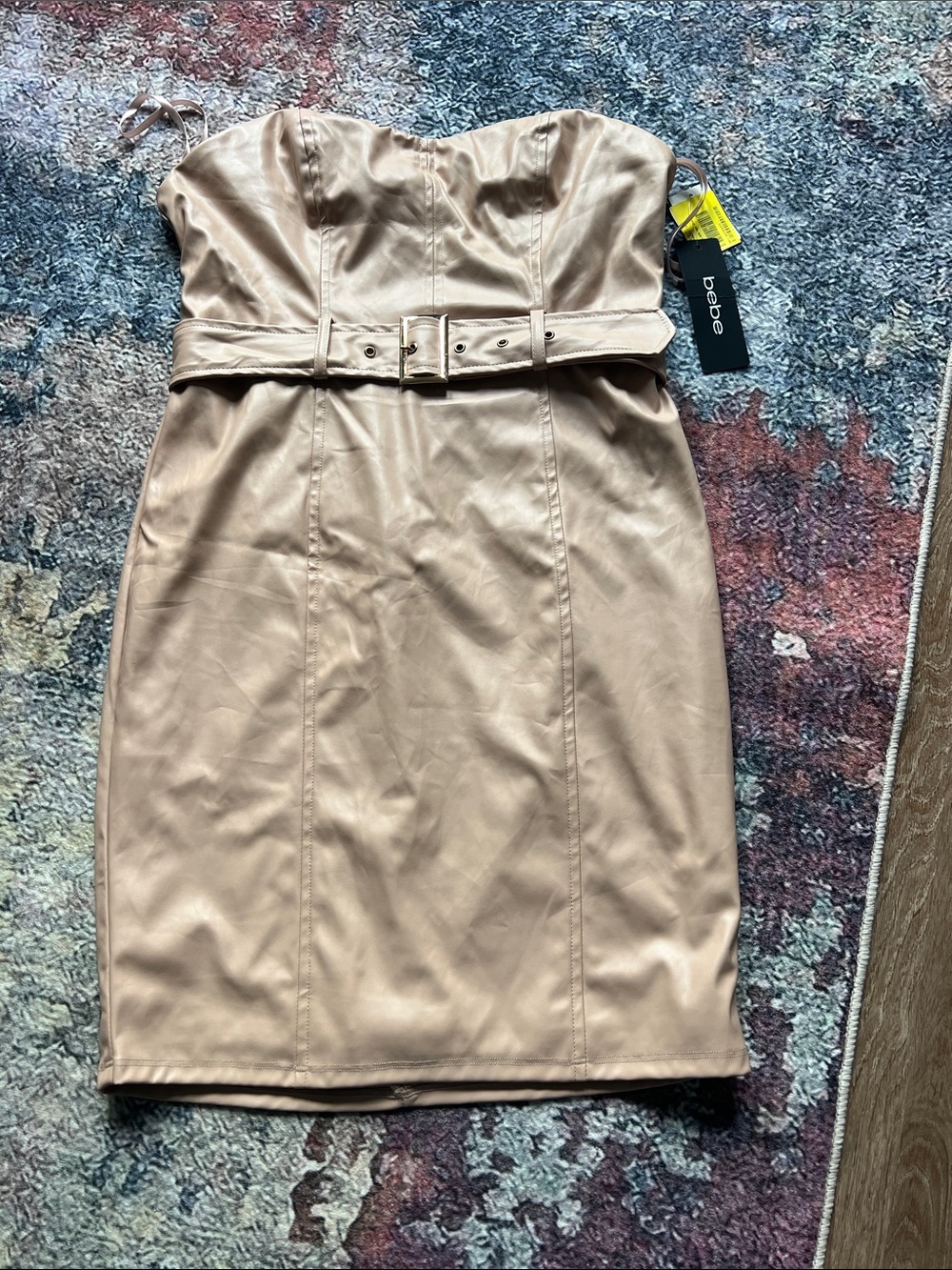 bebe Strapless Faux Leather Dress in Taupe. New with tags Large